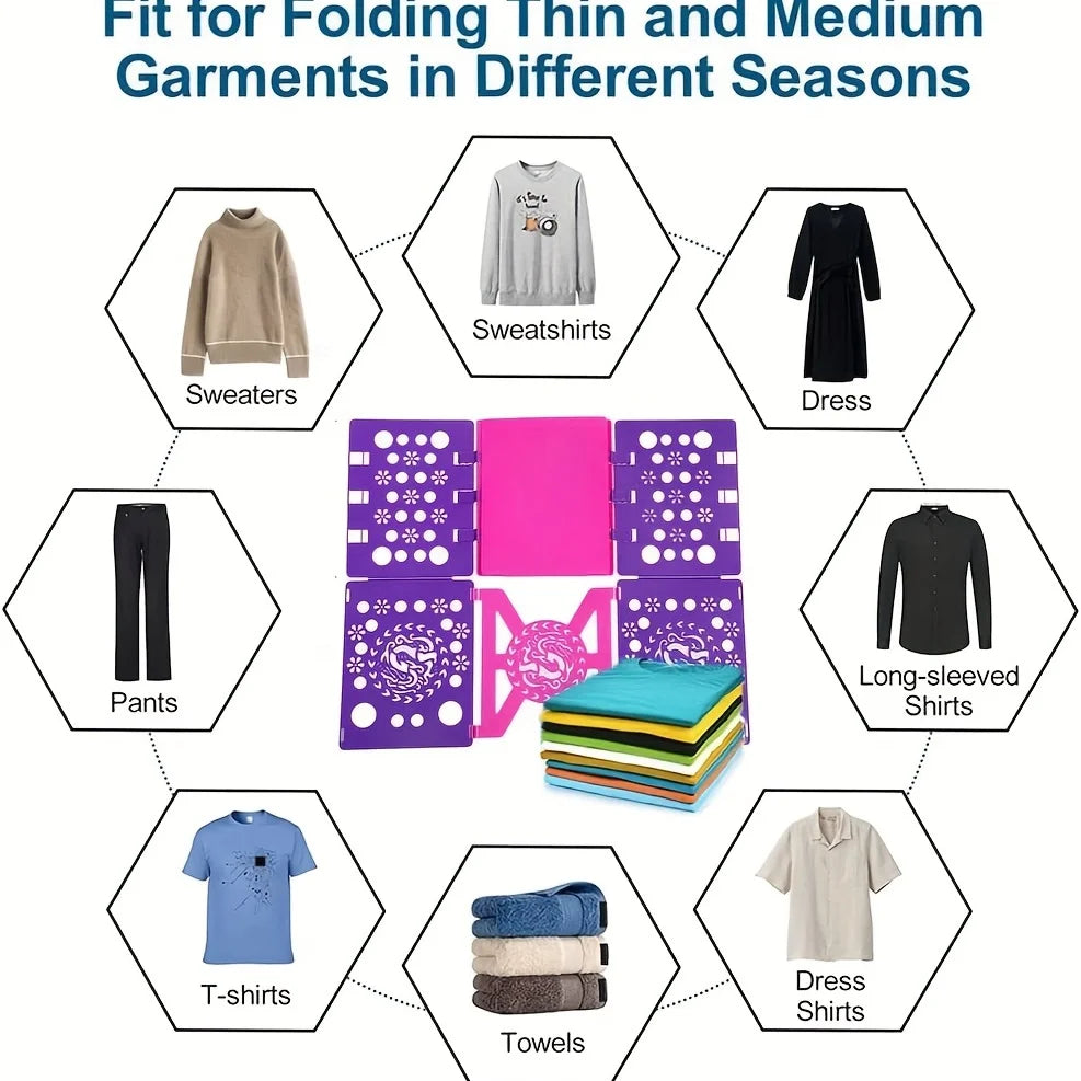 A set of clothes folding boards showing various garments like sweaters, shirts, pants, dresses, and towels.