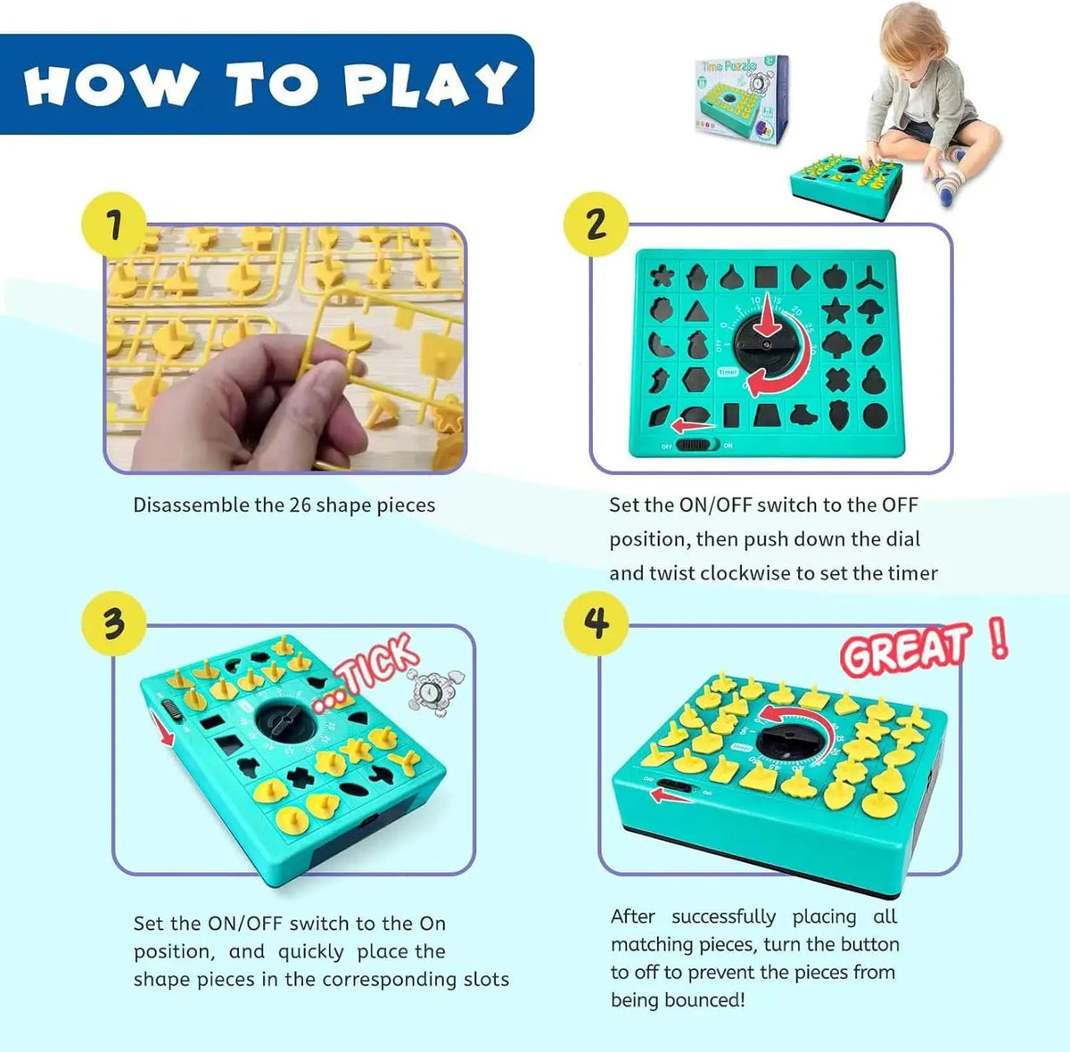 Instructions showing how to assemble a 26-piece shape matching puzzle game for kids