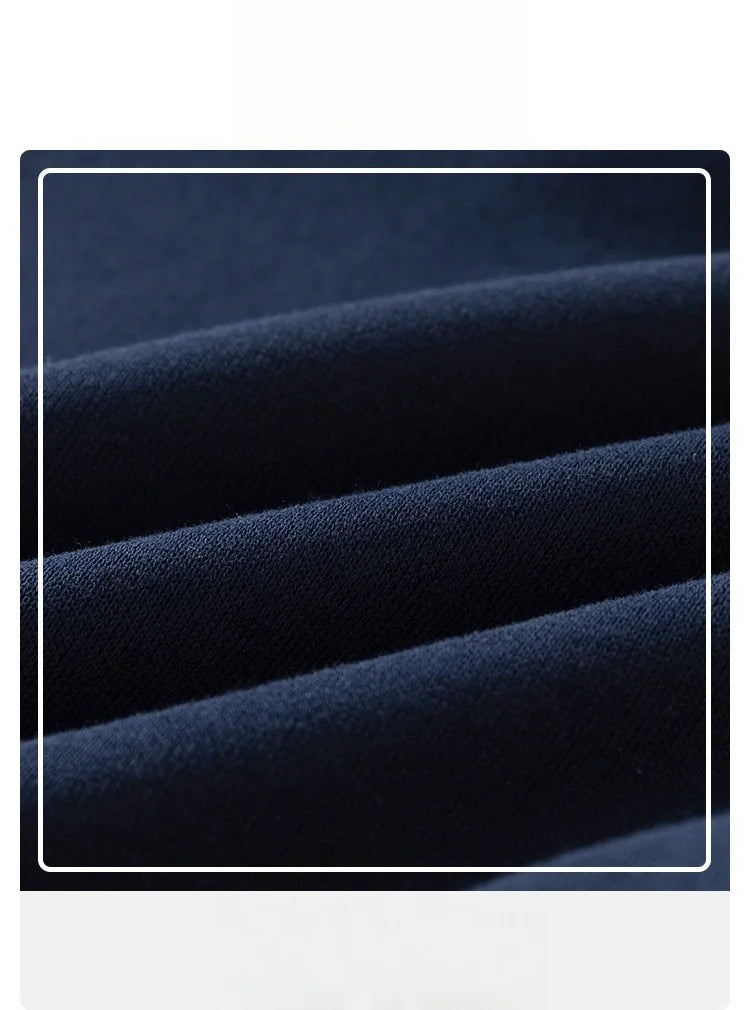 Dark blue denim collar fleece pullover sweatshirt folded and displayed against a white background.