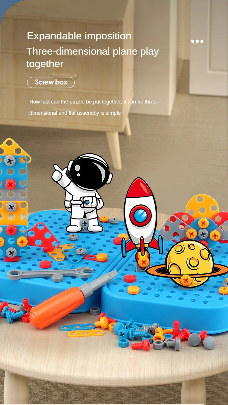 A set of colorful plastic pieces and a white astronaut figure are displayed on a blue mat, demonstrating expandable three-dim