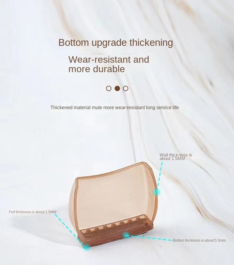 A close-up view of a silicone furniture leg pad showing the thickened material and felt bottom for scratch protection.