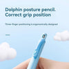 A hand holds a light blue Dolphin pose pencil, showing the index finger grip position.