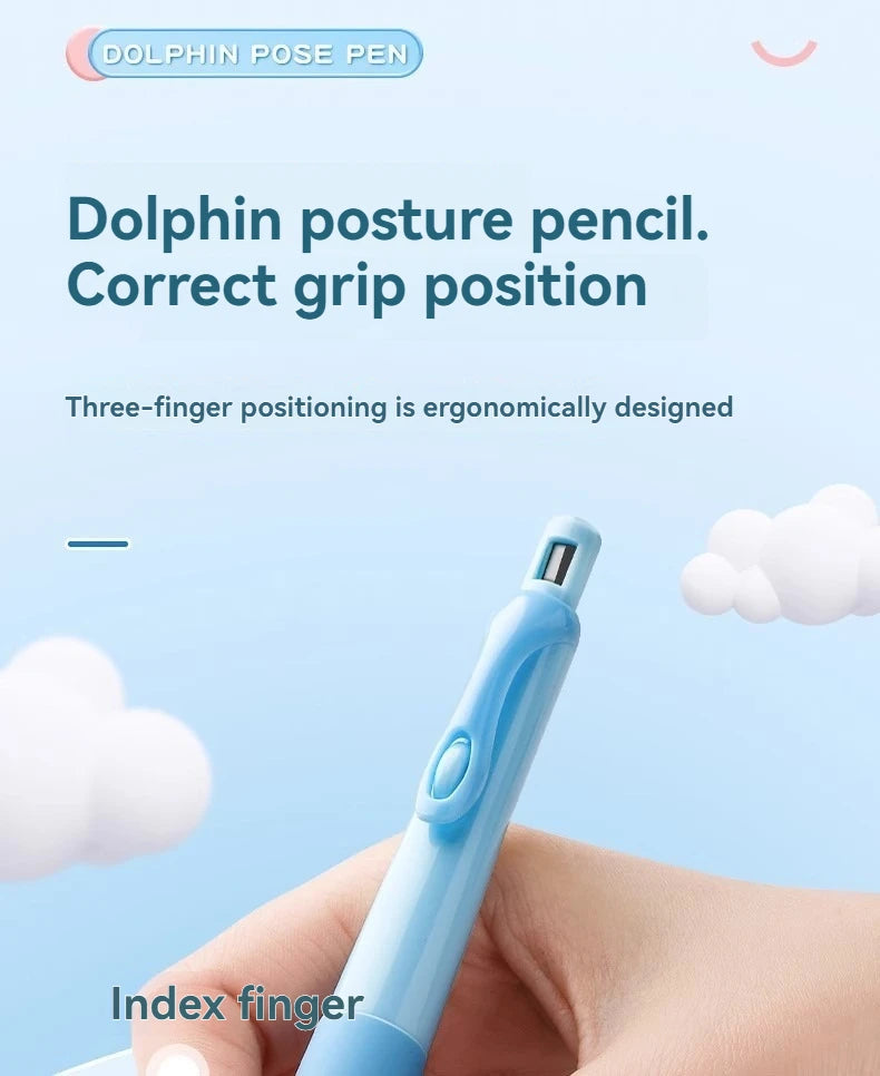 A hand holds a light blue Dolphin pose pencil, showing the index finger grip position.