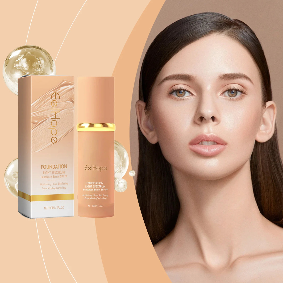 A cosmetic product display showing a bottle of EelHope foundation alongside its packaging and a model's face.