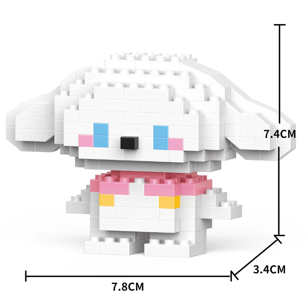 A white and pink micro building block figurine of a dog or animal, shown from the front with dimensions provided.
