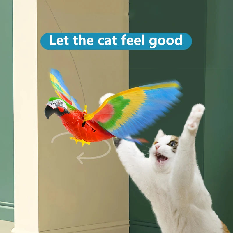 Un chat blanc interagit avec un jouet perroquet orange et vert suspendu dans un cadre vertical.