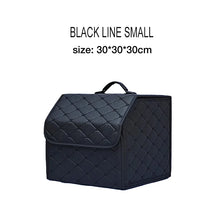 A black line small foldable PU leather car trunk organizer with a quilted design.