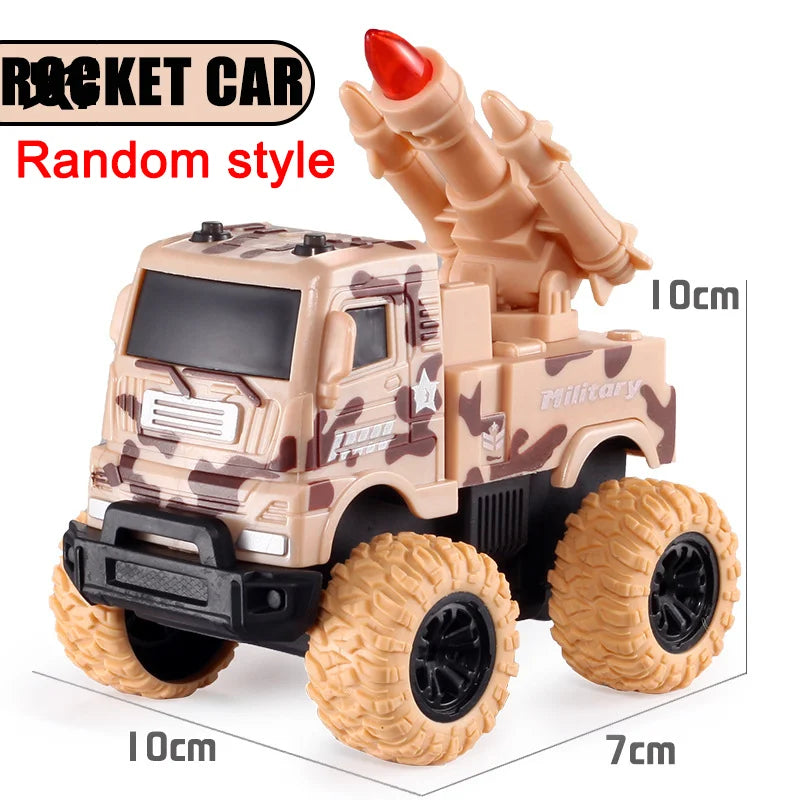 A military-style pull-back toy car with a camouflage pattern and large tires.