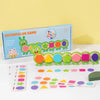 A box of a magnetic caterpillar game for kids with colorful plastic pieces and matching cards.