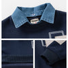 Navy blue boys' fleece pullover sweatshirt with a denim collar and white stitching detail.