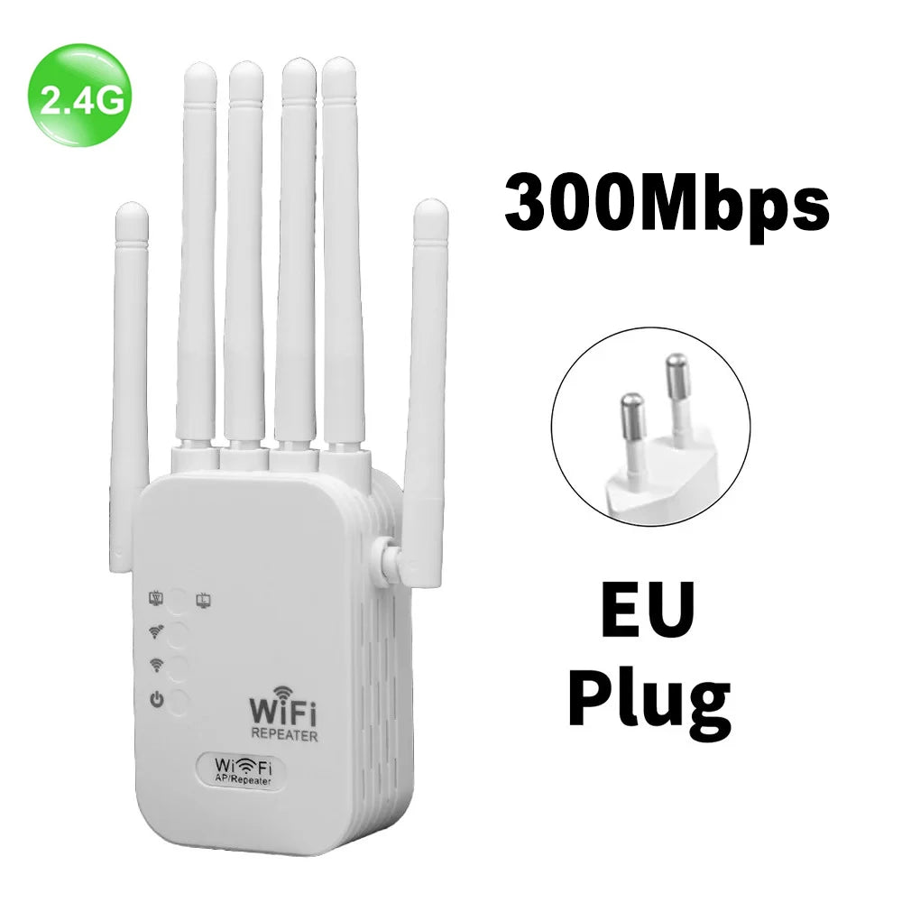 جهاز موسع واي فاي أبيض مع هوائيات، بجانب نص يشير إلى 2.4G وسرعة 300 ميجابت في الثانية.