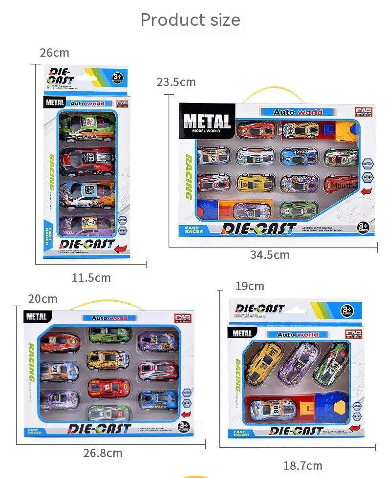 Die-cast racing cars in various colors and models displayed with their dimensions.