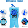 A blue 2L hydration bladder with a bite valve, dust cover, and ergonomic handle shown in various views.
