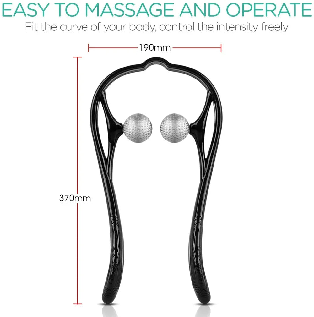 Masajeador shiatsu portátil negro para cuello y hombros con bolas de doble punto gatillo sobre fondo blanco