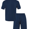 Navy blue men's casual jacquard short-sleeve shirt and drawstring shorts set displayed flat