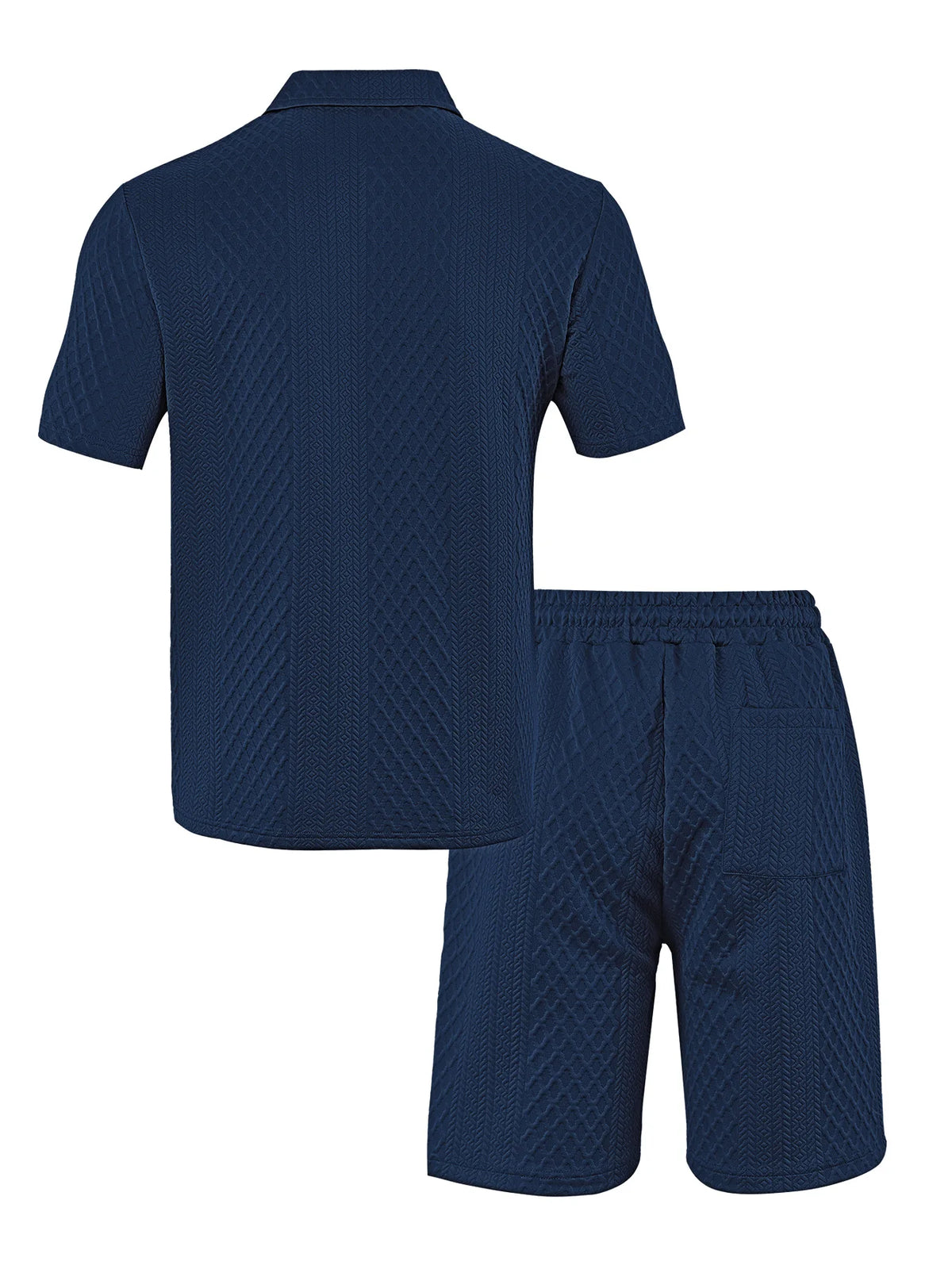Navy blue men's casual jacquard short-sleeve shirt and drawstring shorts set displayed flat
