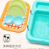 A set of kids pretend play kitchen sink components including various colored cups and plates in orange and teal plastic trays