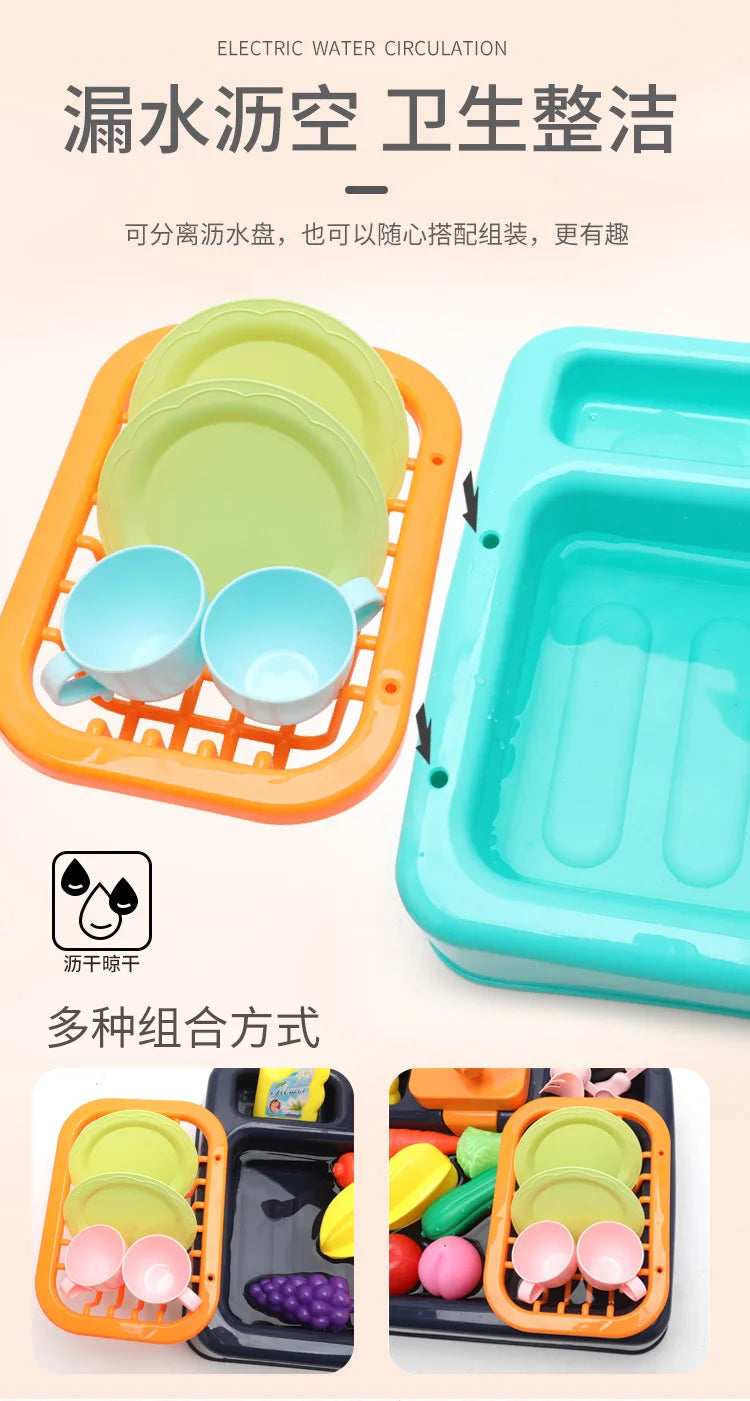 A set of kids pretend play kitchen sink components including various colored cups and plates in orange and teal plastic trays