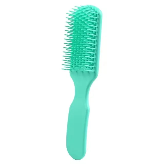 Peine desenredante turquesa brillante con nueve dientes pequeños.