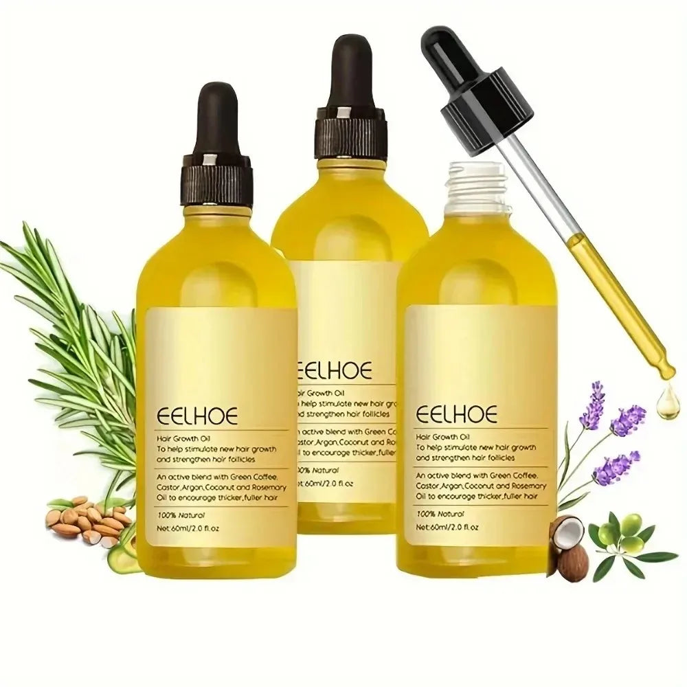 Three glass bottles of EELHOE Rosemary Hair Growth Oil with dropper applicators and surrounding greenery