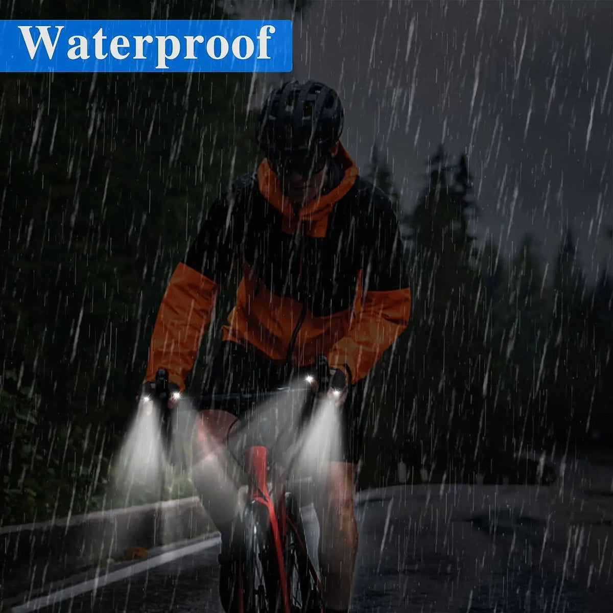 A person wearing waterproof outdoor gear and LED fingerless gloves with built-in flashlights in the rain.