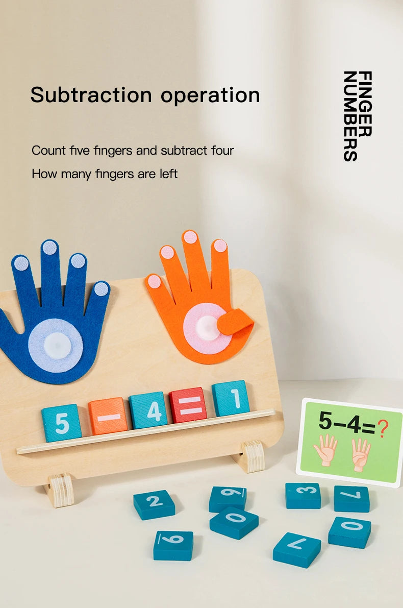 A wooden finger counting toy demonstrating a subtraction operation where five fingers are counted and four are subtracted.