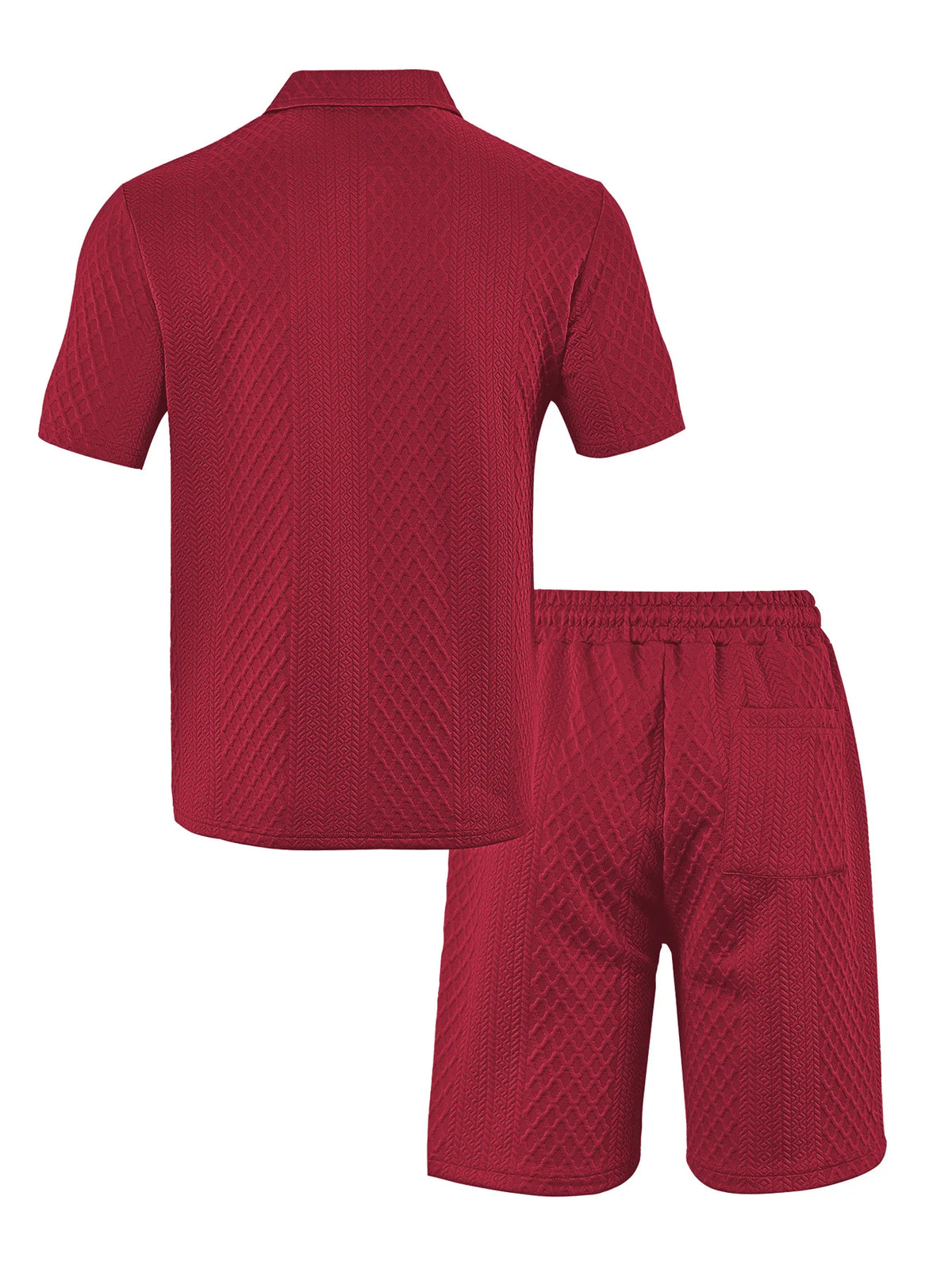 A maroon men's casual jacquard short-sleeve shirt and drawstring shorts set.
