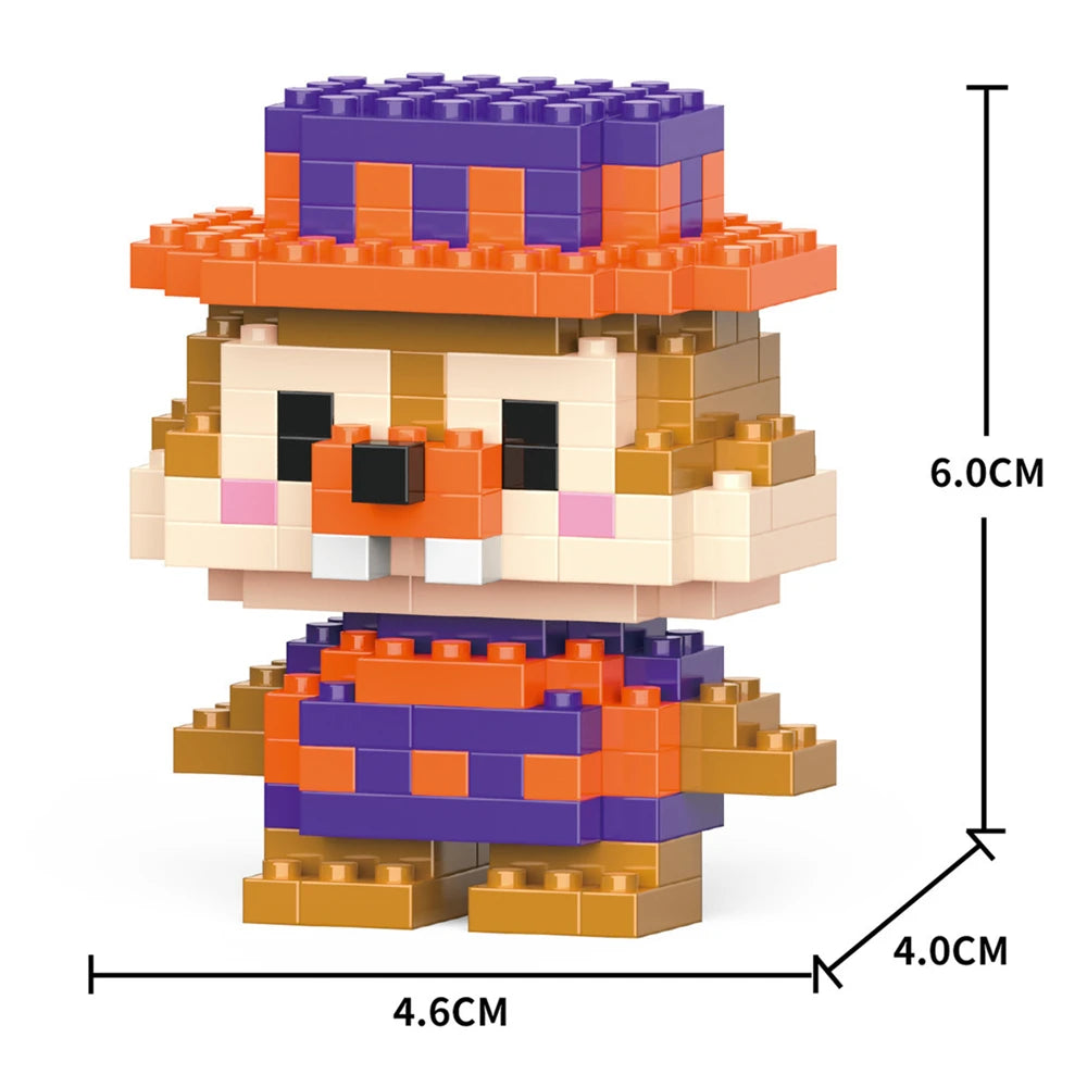 A micro building block figurine of a bear wearing a purple and orange hat and blue clothing.