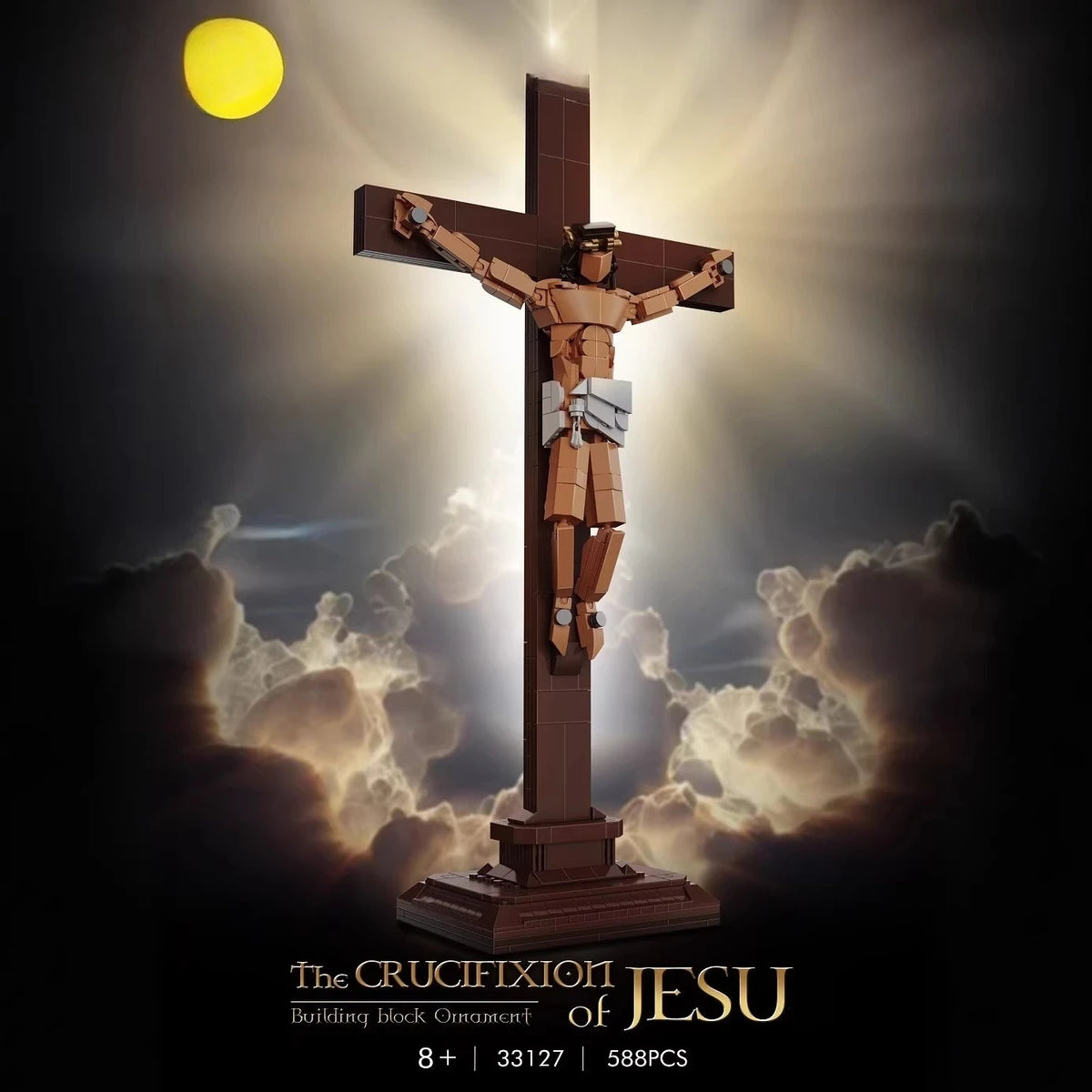 A brown Jesus crucifixion sculpture made of building blocks set against a dark background with a bright yellow sun.