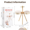 A wooden kids drum set with a mallet and stands shown next to its packaging.