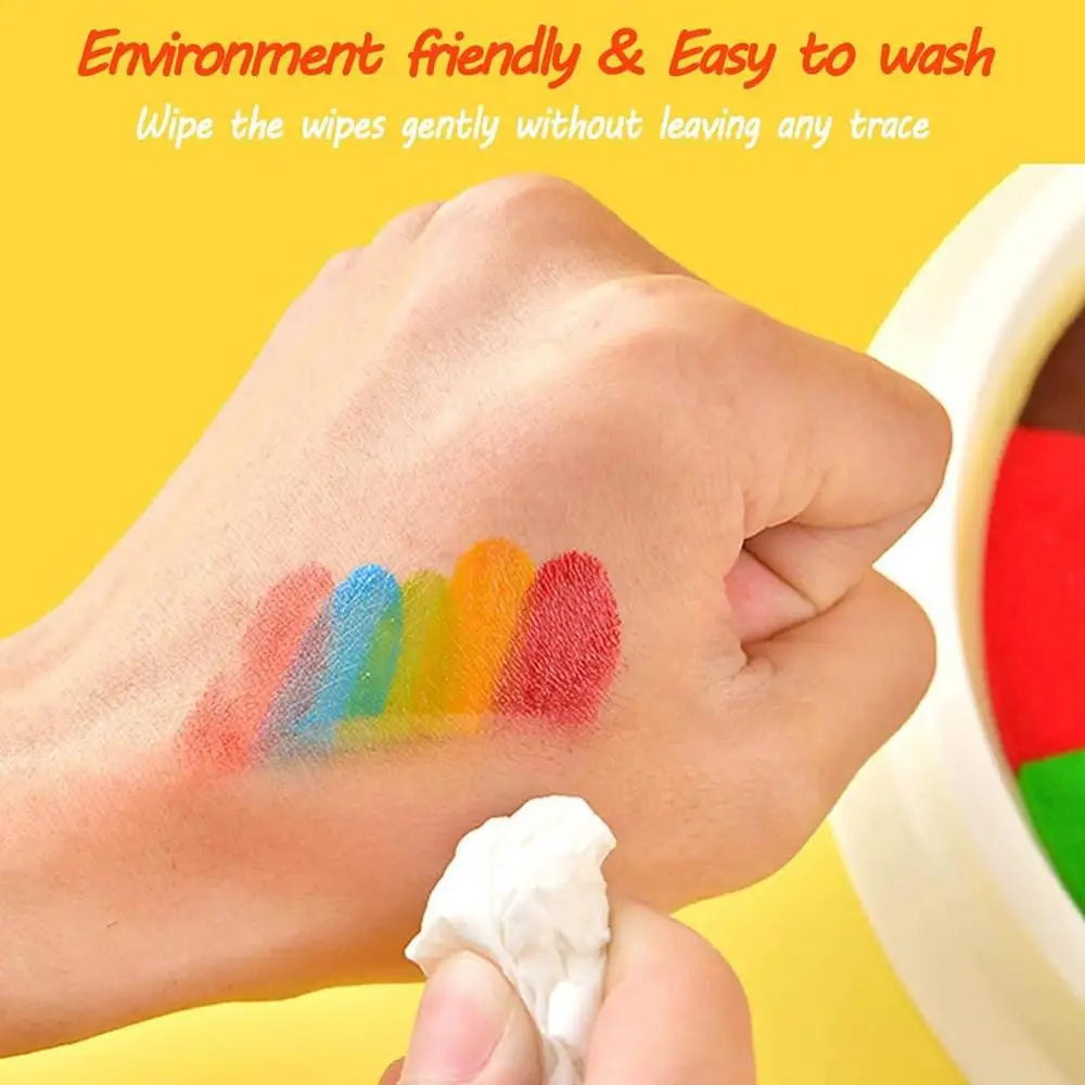 A hand is gently wiping colorful finger paint off the skin with a white wipe, demonstrating an environment-friendly and easy-