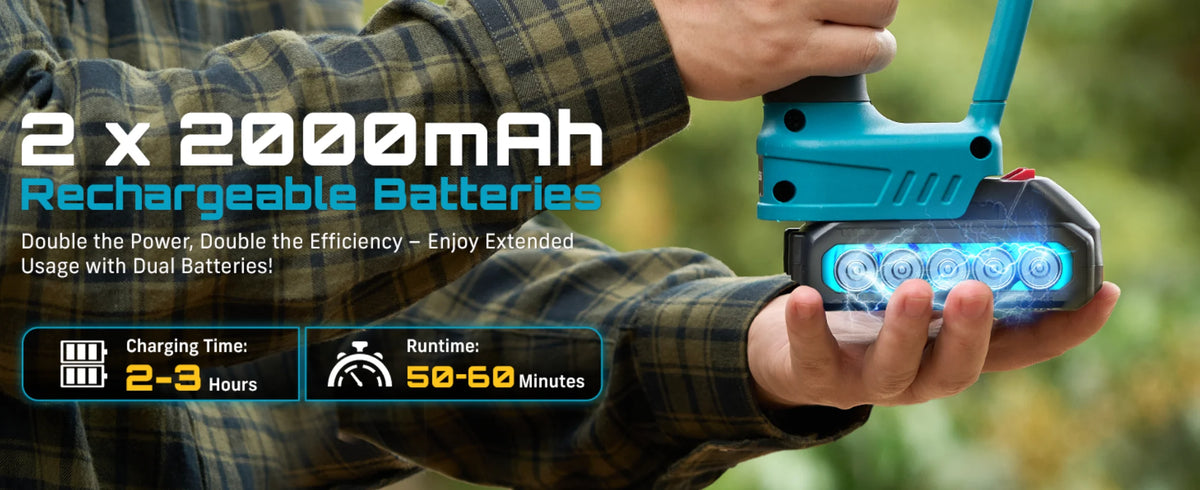 A person holds a teal rechargeable battery pack for a cordless chainsaw and pruning shears combo kit.