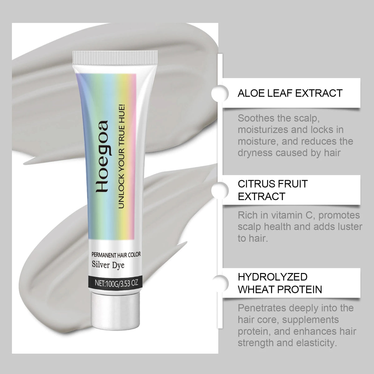 A tube of Hoegoa permanent hair color cream with a silver dye color and surrounding text describing its ingredients.