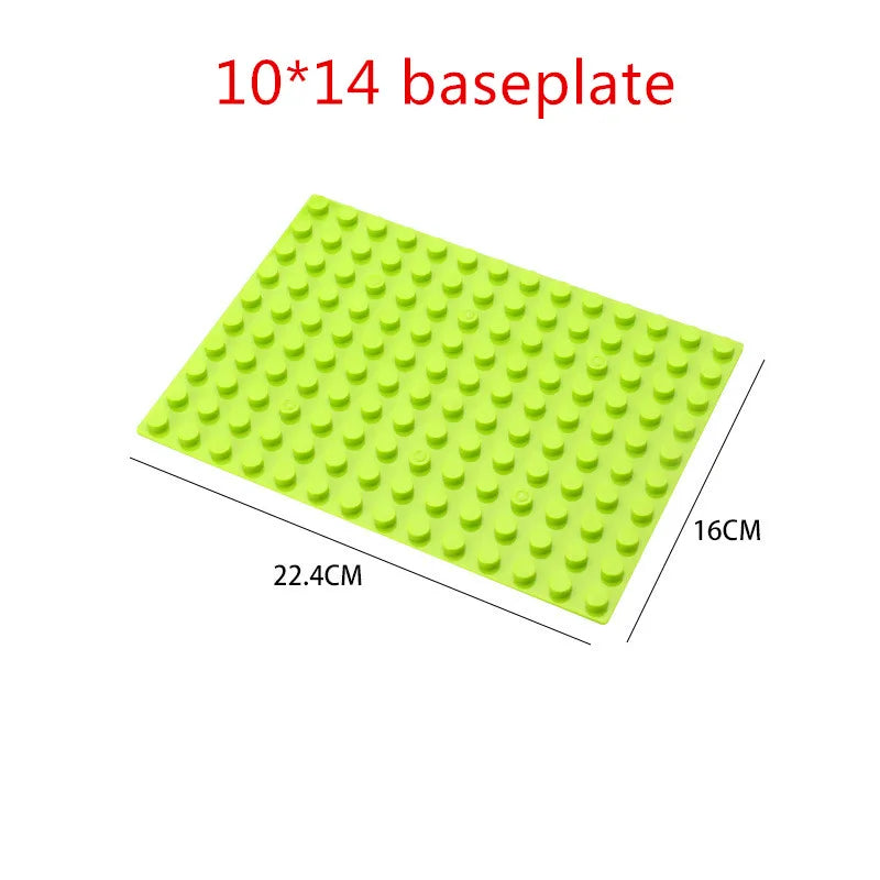 A bright lime green 10x14 baseplate for marble run building blocks.