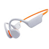 White bone conduction sports headphones with orange accents shown from the side.