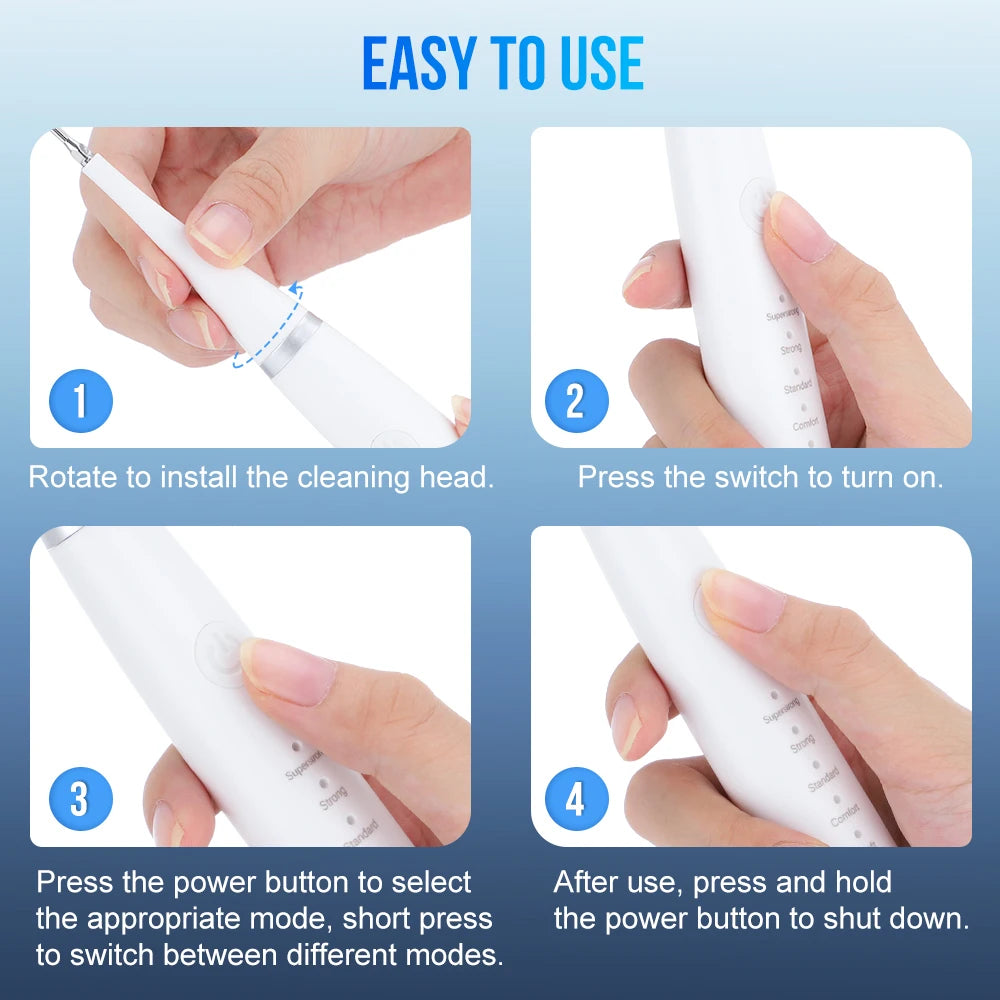 Instrucciones para usar un cepillo de dientes sónico recargable y kit de raspador dental, mostrando pasos para instalar el ca