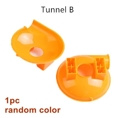 An orange marble run building block funnel piece shown in various shapes and colors.