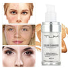 A bottle of TLM color changing liquid foundation with a matte concealer finish shown next to close-ups of skin texture and co