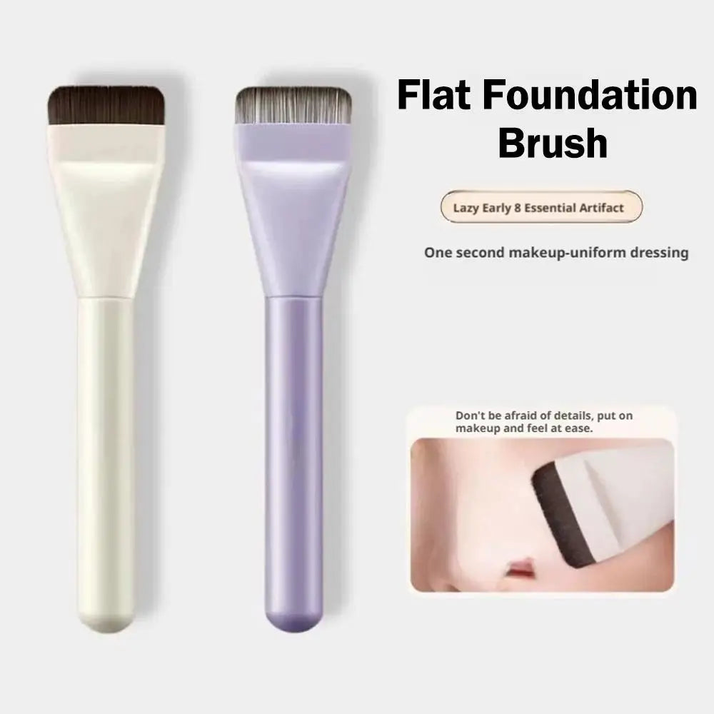 A pair of flat foundation brushes, one beige and one purple, shown next to a close-up of the brush head.