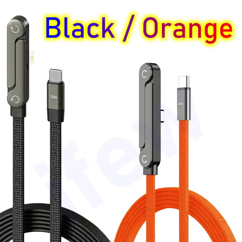 Câble USB-C de charge rapide noir et orange avec connecteurs de support de téléphone intégrés