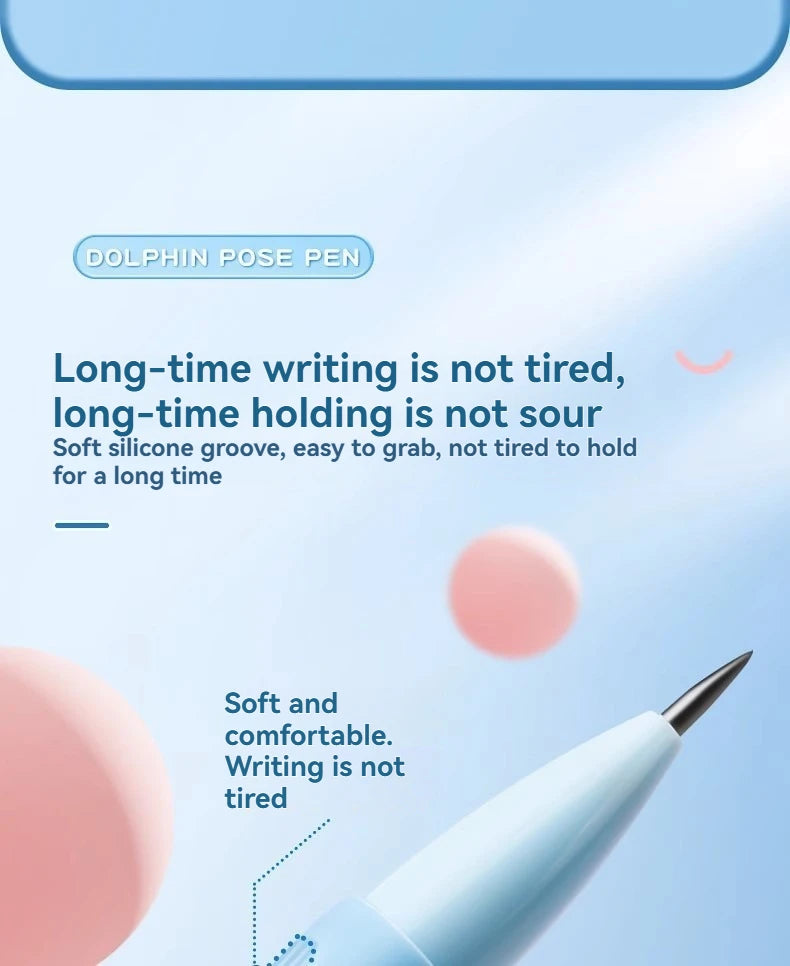 A close-up of a light blue dolphin pose pen with a soft silicone groove, highlighting its comfortable grip for long writing s