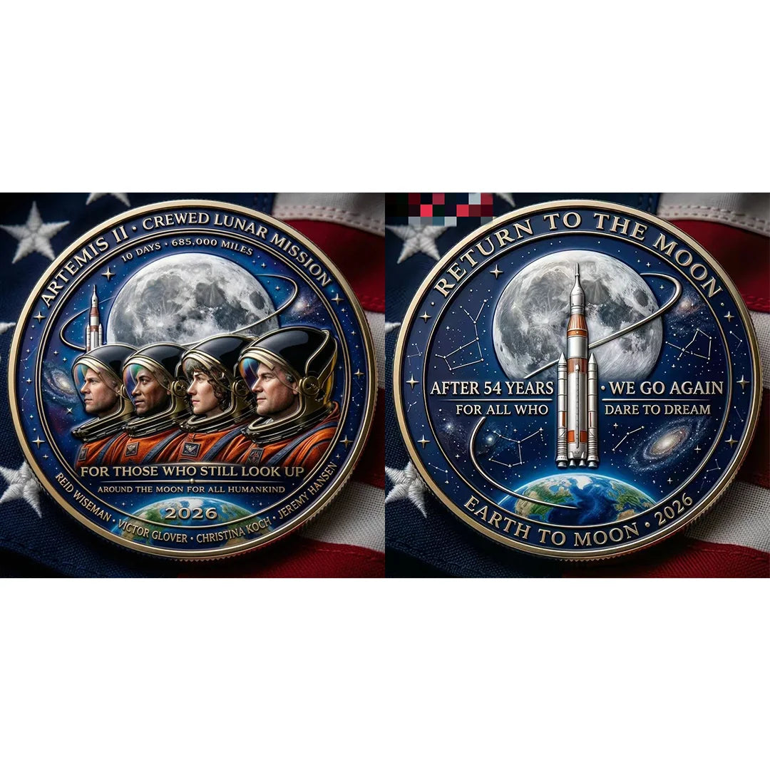 A commemorative space coin design featuring a rocket and astronauts for the Artemis II lunar mission.
