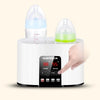 A white multi-function baby bottle warmer and sterilizer device with a clear bottle inside.