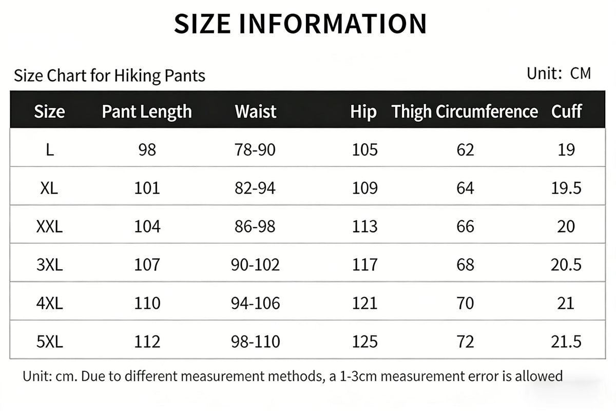 Size chart for hiking pants showing measurements for sizes L through 5XL