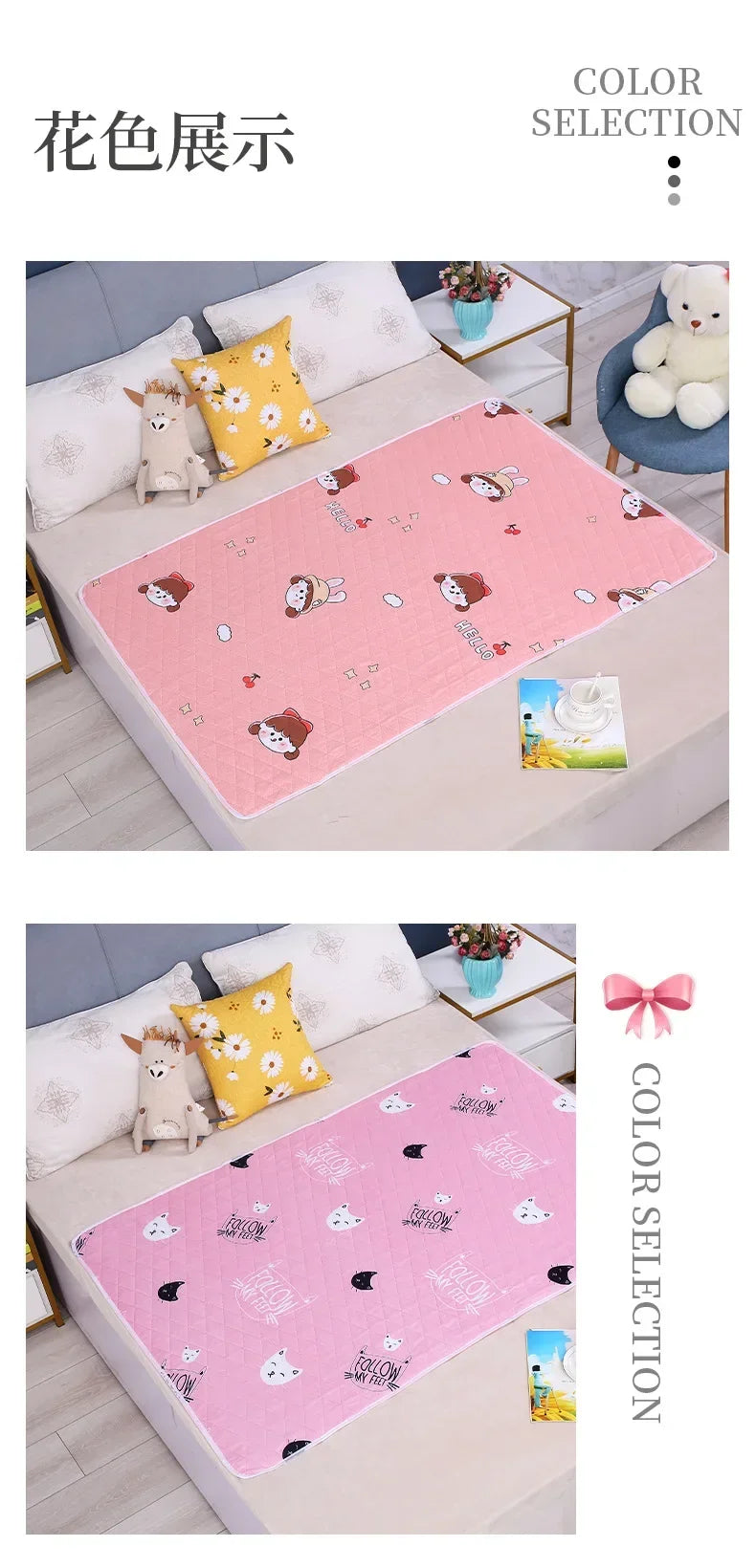 Pink waterproof baby mattress protector with cute cartoon designs on a light-colored surface.