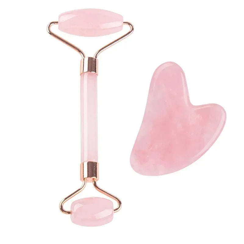 Set de rodillo de jade y gua sha de cuarzo rosa para masaje facial