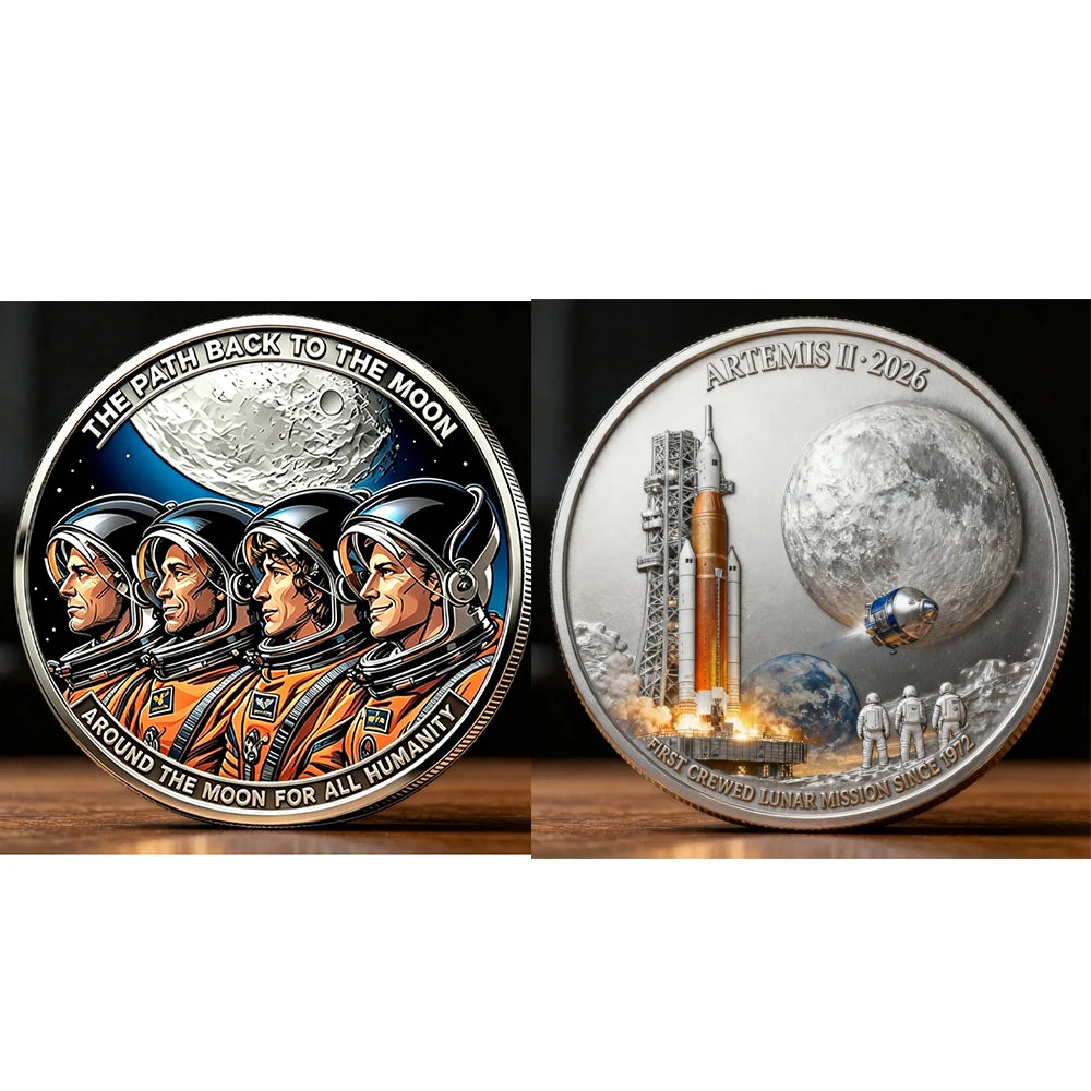 A commemorative space coin featuring astronauts and the moon, titled The Path Back to the Moon.