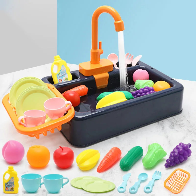 A kids pretend play kitchen sink set featuring an orange faucet, water, and various colorful plastic food items in a dark blu