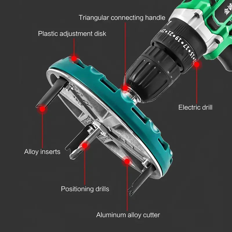 Close-up view of an electric drill with various attachments including a triangular connecting handle, plastic adjustment disk