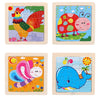 Three wooden jigsaw puzzles featuring a colorful dinosaur, a red ladybug, and a pink hedgehog, and a blue whale.